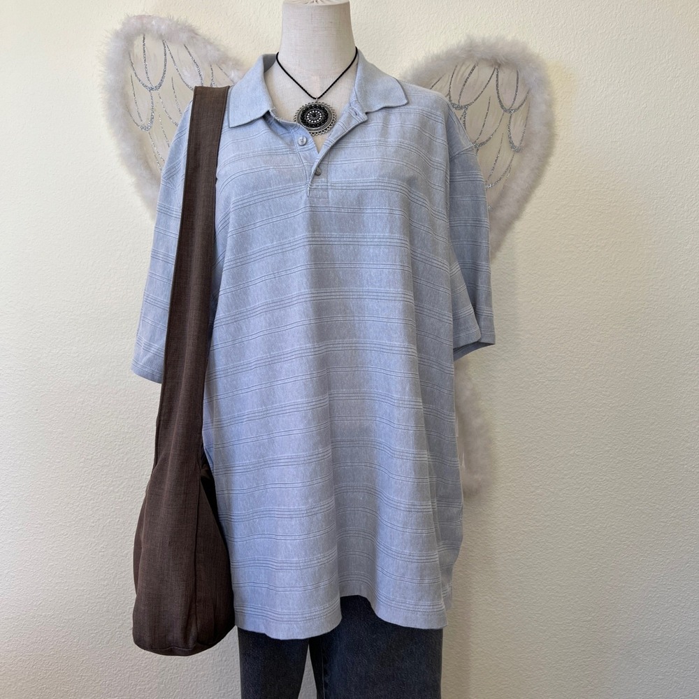 Indie Skater Grunge Stripe Oversized Shirt Polo Short Sleeve Dad Tan‎ Grey XL